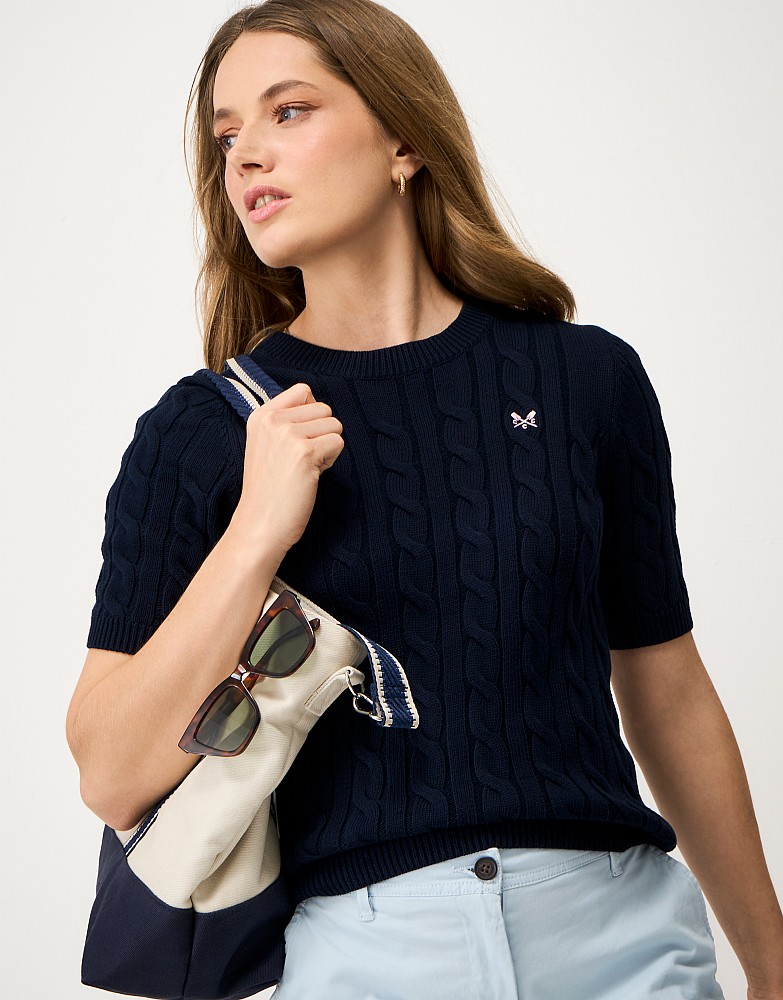 Heritage Cable Knit Short Sleeve T-Shirt in Navy