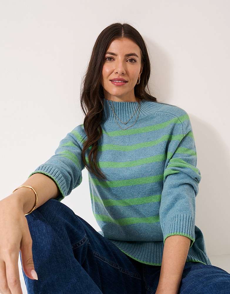 Harmony Saddle Shoulder Funnel Neck Jumper in Blue Stripe