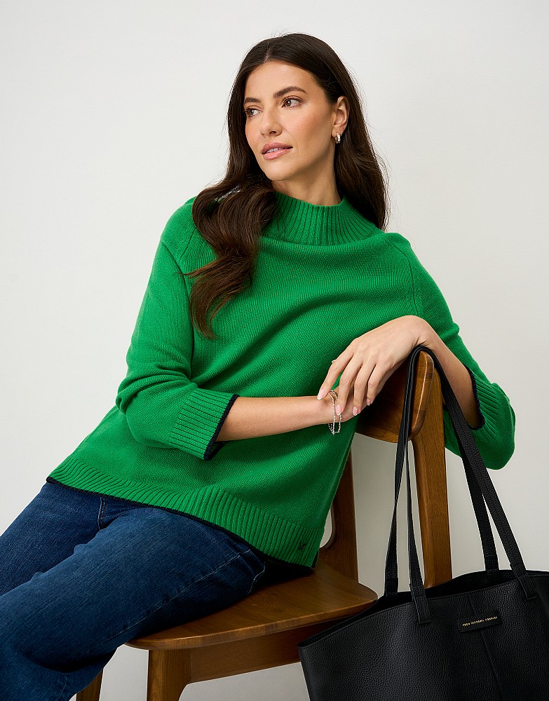 Harmony Saddle Shoulder Funnel Neck Jumper in Green