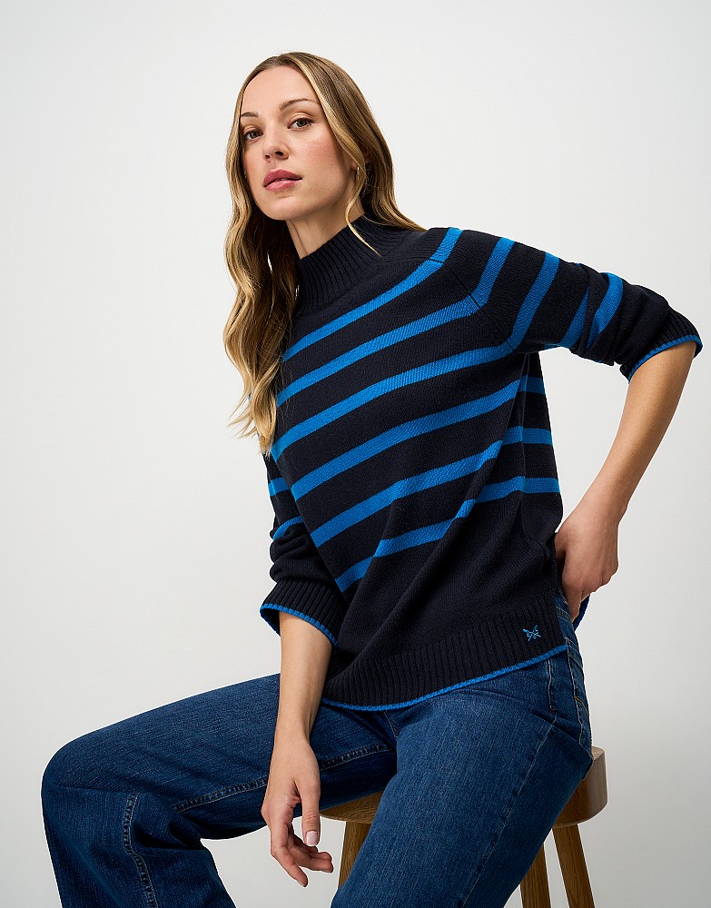 Harmony Saddle Shoulder Funnel Neck Jumper in Navy & Bright Blue Stripes