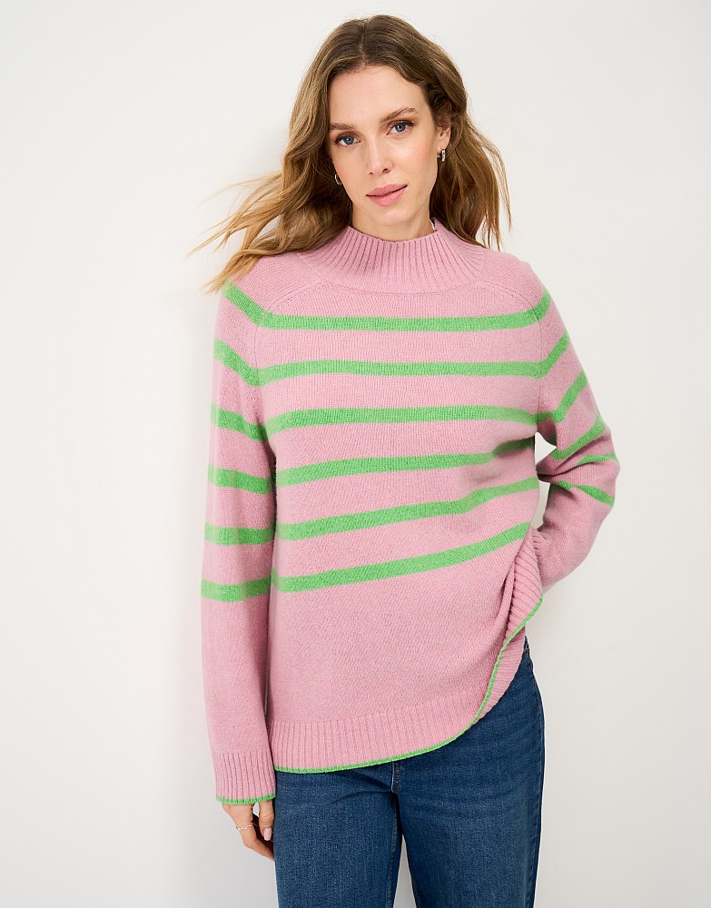 Harmony Saddle Shoulder Funnel Neck Jumper in Pink & Green Stripes
