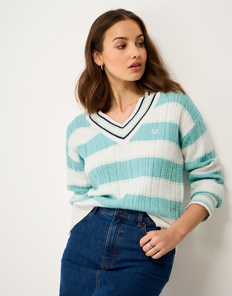 Relaxed Cable Cricket Jumper in Blue and White