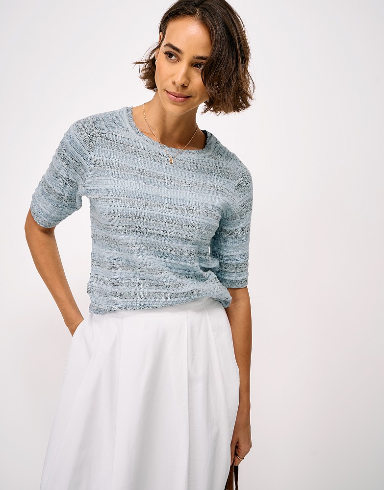 Knitted Cotton Scallop-Edge Tee in Blue Marl