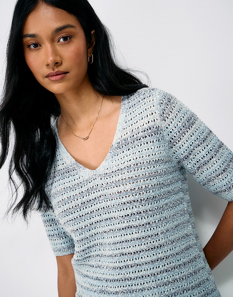 Space Dye Textured Stitch Knit T-Shirt in Blue
