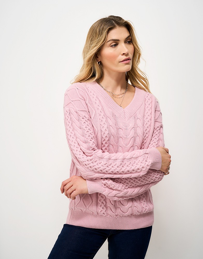 Cable-Knit V-Neck Jumper in Pink