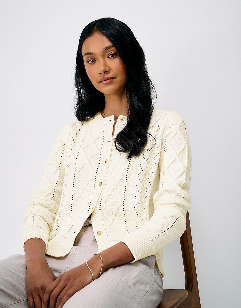 Pointelle Cable Mix Cardigan in White