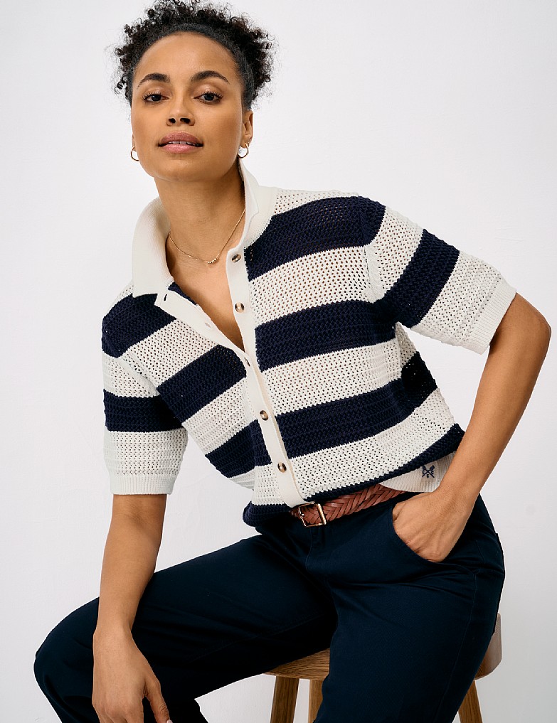 Sade Stripe Pointelle Beach Cardigan in Blue and White
