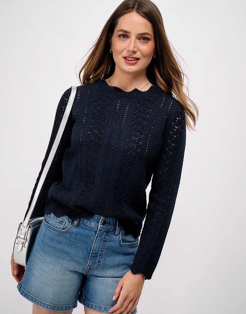Cotton Blend Cable Pointelle Jumper in Navy
