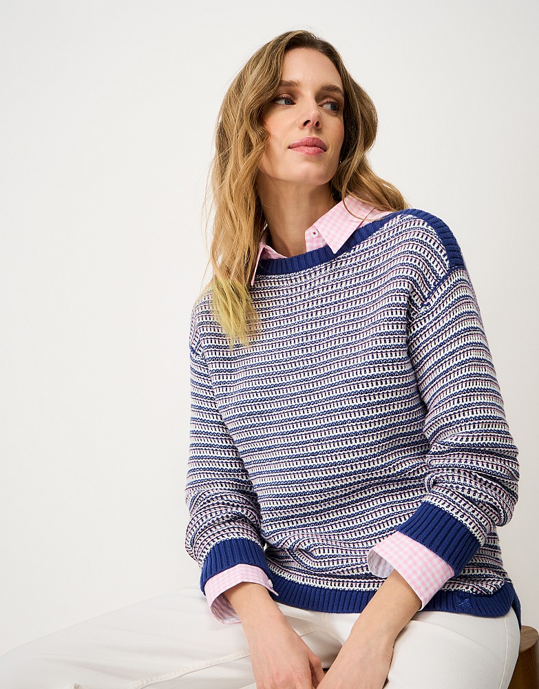 Textured Stripe Cotton Jumper in Multi Blue
