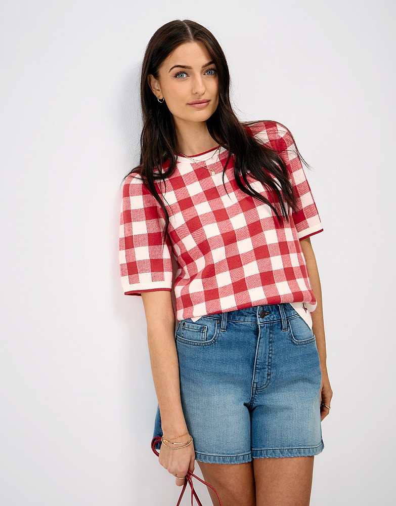 Gingham Check Knitted Tee in Red and White