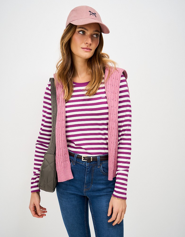 Super Soft Stripe Crew Neck Top in White & Berry Stripes