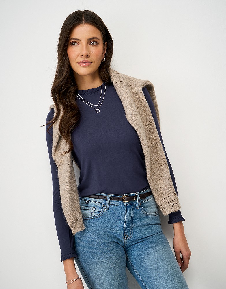 Frill Neck Jersey Top in Navy