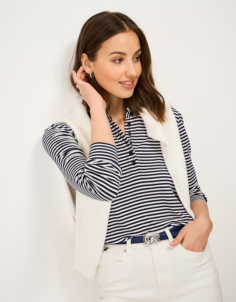 Frill-Neck Jersey Blouse in Navy & White Stripe