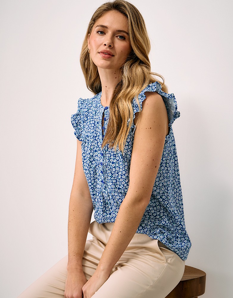 Lydia Cotton-Linen Top in Blue Daisy Print