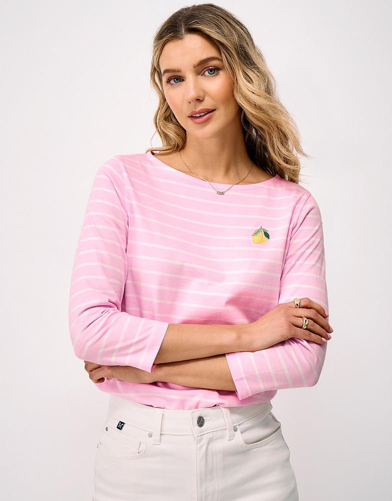 Embroidered Cotton Breton Lemon Top in Pink Stripe