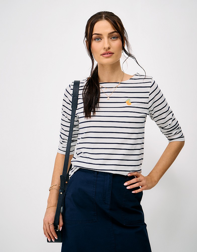 Embroidered Cotton Breton Orange Top in Ivory & Blue Stripe