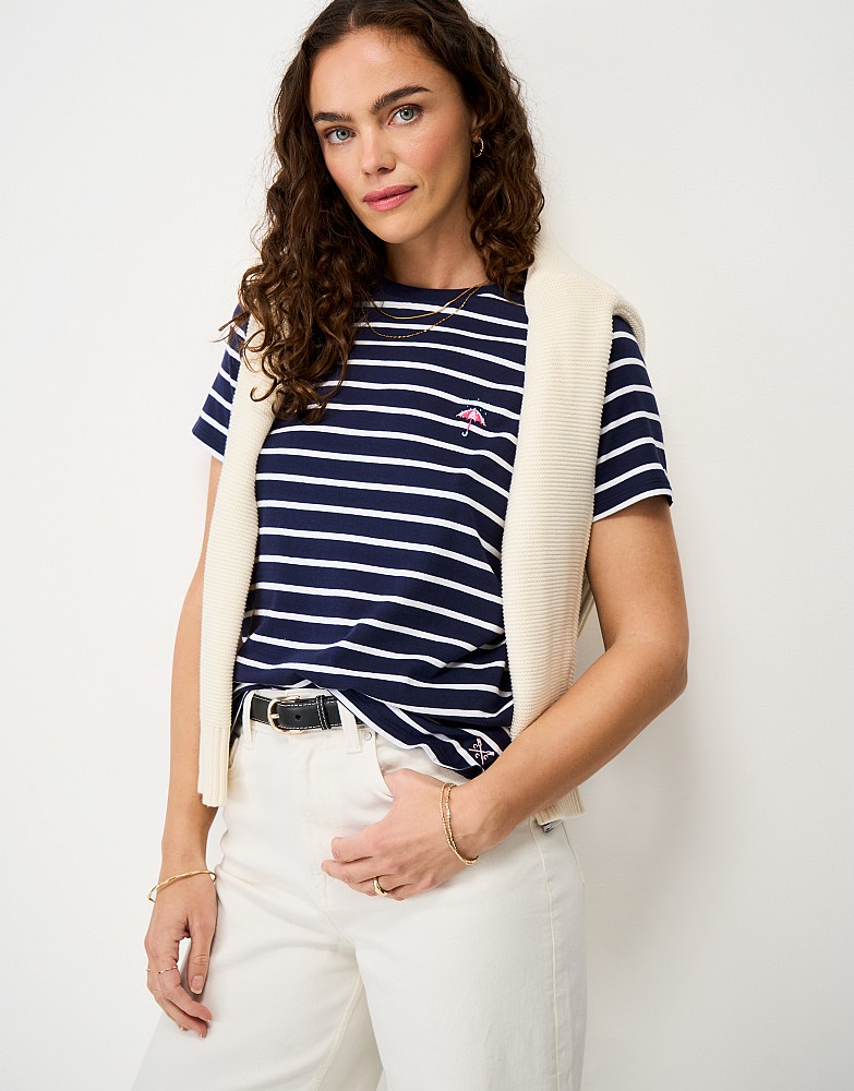Embroidered Cotton Breton Umbrella Tee in Navy & White Stripe