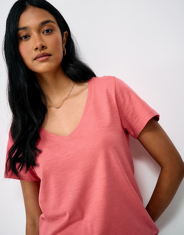 Perfect V Neck Slub T-Shirt in Bright Pink