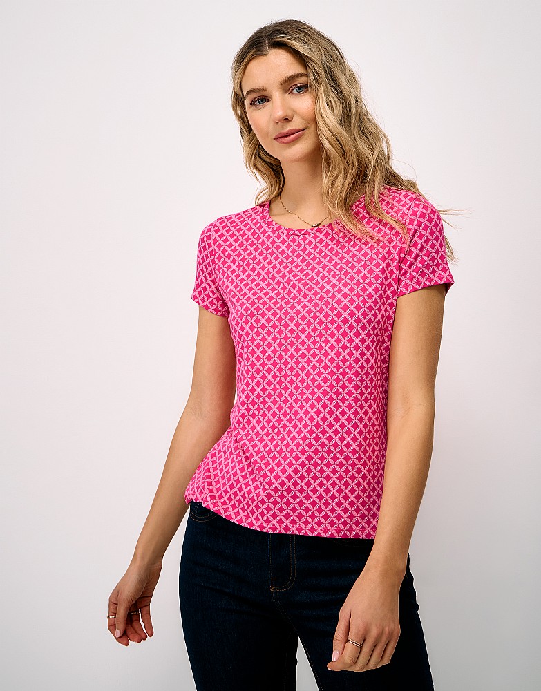 Viscose T-Shirt in Pink Geo Leaf Print