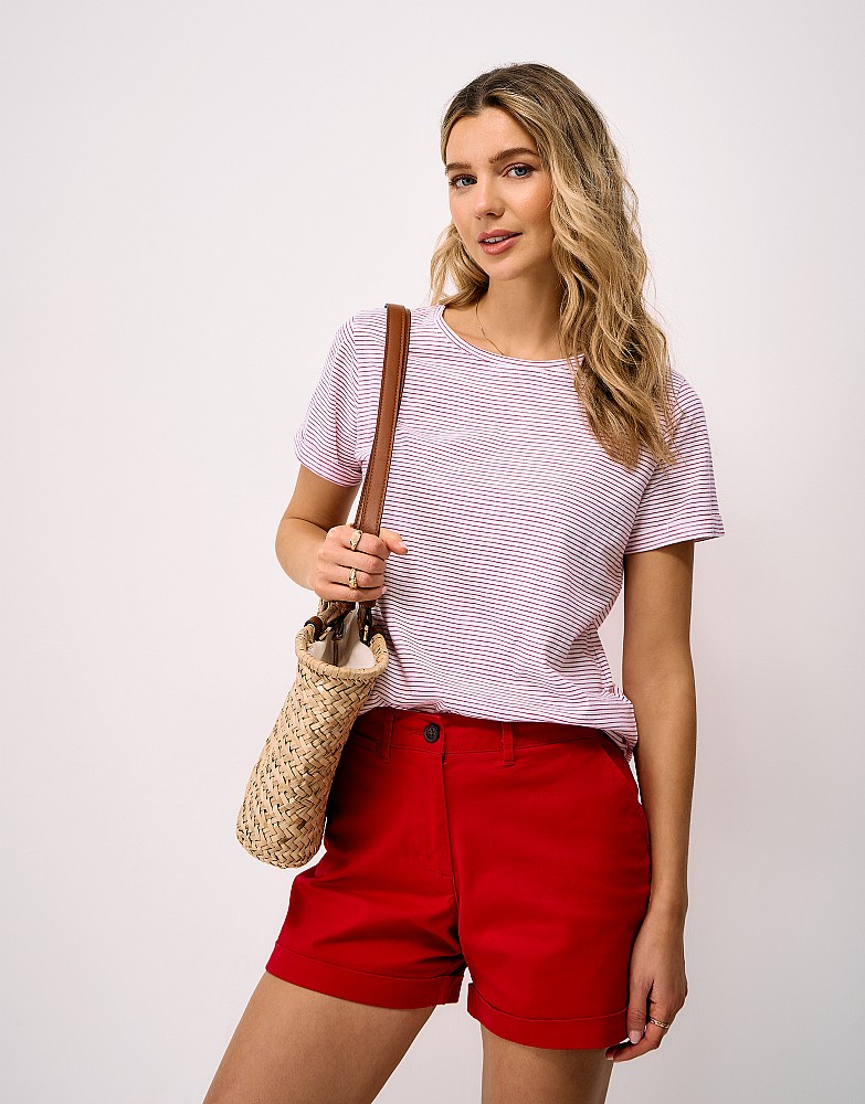 Cotton-Slub Perfect Crew Tee in White and Fuchsia Pink Stripe