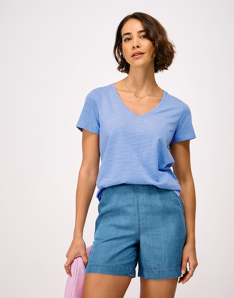 Perfect V Neck Slub Stripe T-Shirt in Blue and White
