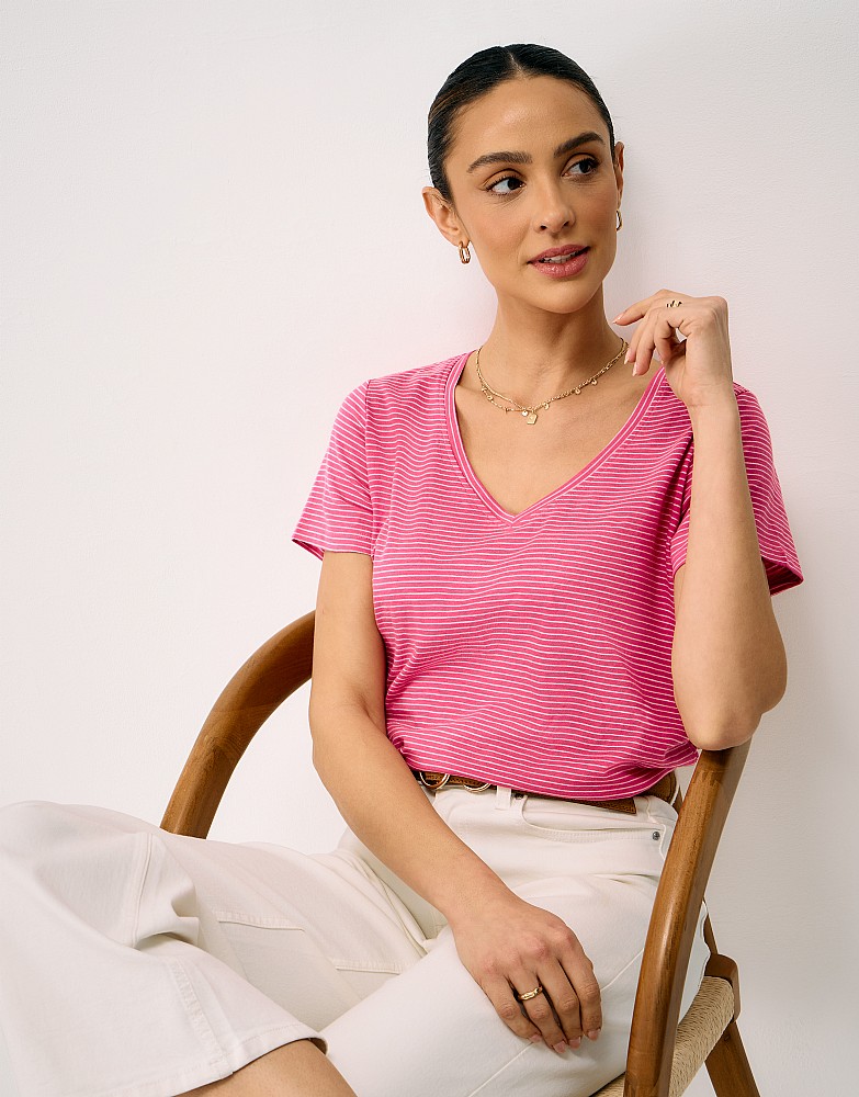 Perfect V Neck Slub Stripe T-Shirt in Pink