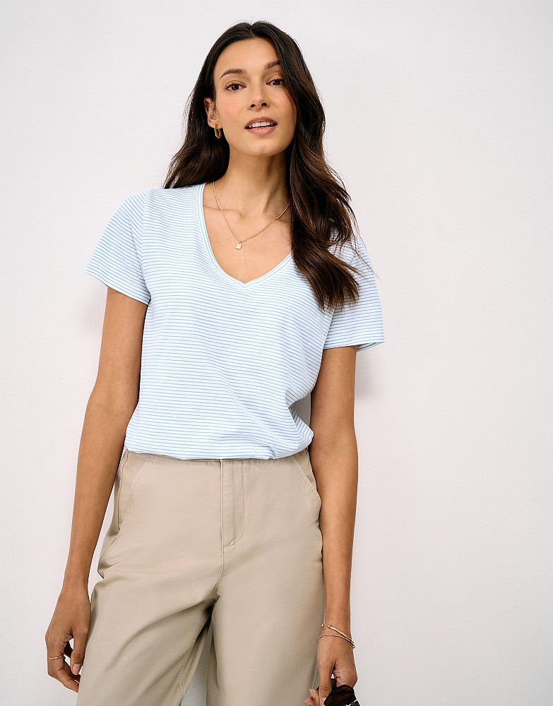 Perfect V Neck Slub Stripe T-Shirt in White and Blue
