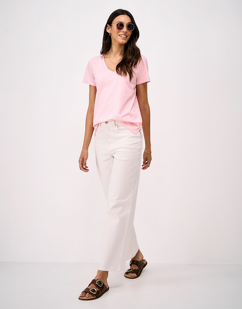 Perfect V Neck Slub Stripe T-Shirt in White and Pink