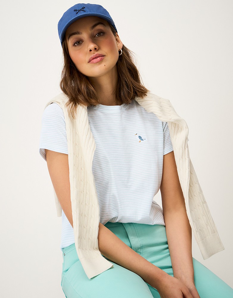Embroidered Cotton-Slub Crew Tee in Blue Stripe