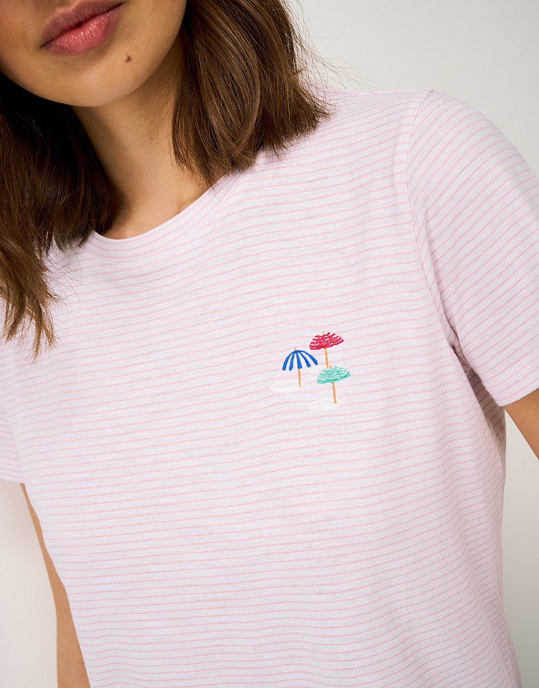 Embroidered Cotton-Slub Crew Tee in Pink Stripe