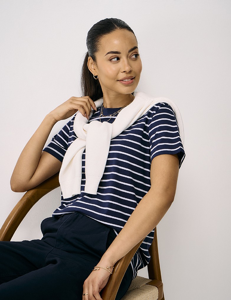 Relaxed Fit Cotton T-Shirt in Navy and White Stripe