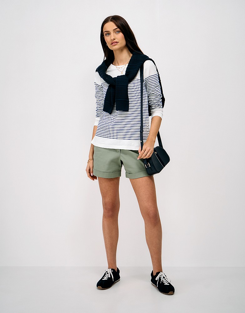 Cassandra Long-Sleeve Cotton Top in White and Blue Stripe
