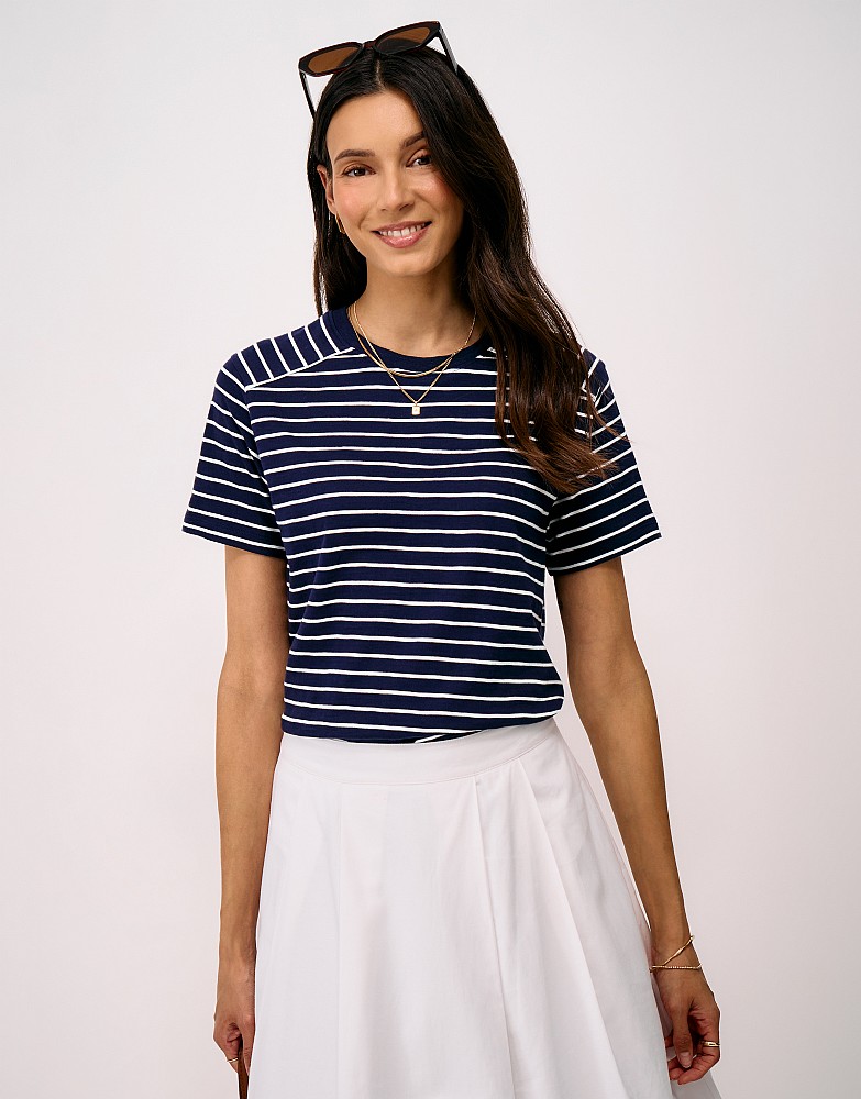Shoulder Detail Cotton Jersey T-Shirt in Navy and White Stripe