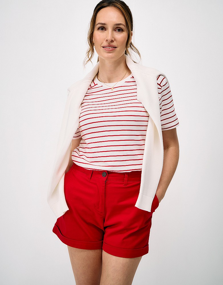 Shoulder Detail Cotton Jersey T-Shirt in White and Red Stripe