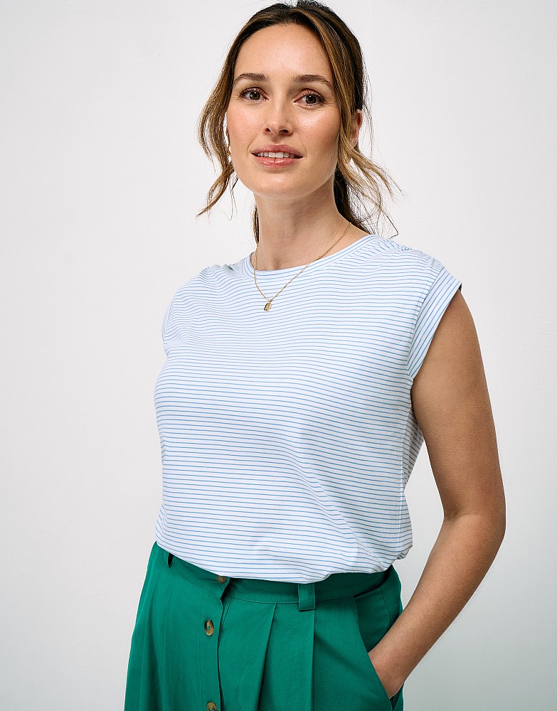 Gathered Detail Cap-Sleeve Top in Blue & White Stripe