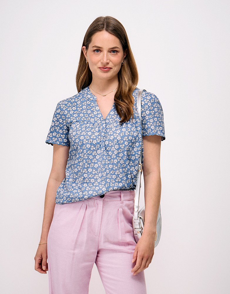 Angel-Sleeve Flutter Top in Blue Floral Print