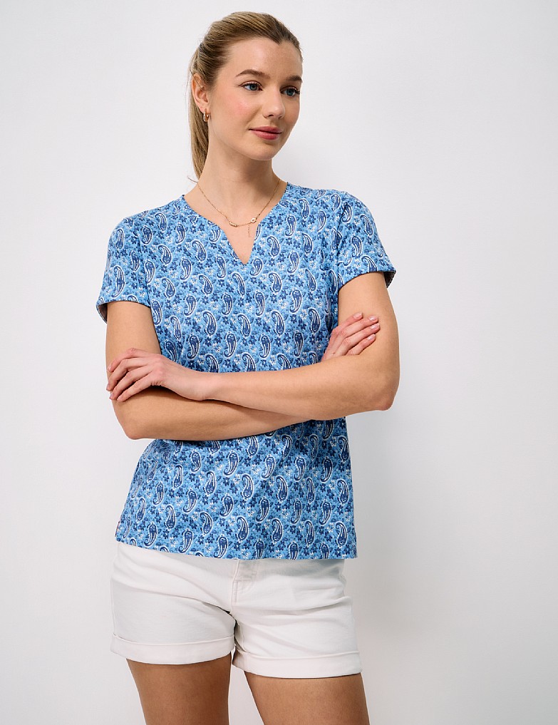Notch Neck Printed T-Shirt in Blue Paisley