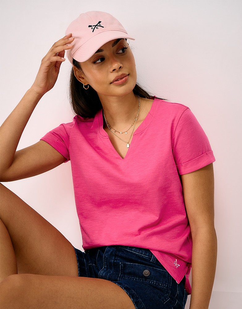 Notch Neck Cotton T-Shirt in Raspberry Pink