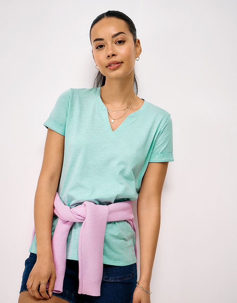 Notch Neck Cotton T-Shirt in Turquoise