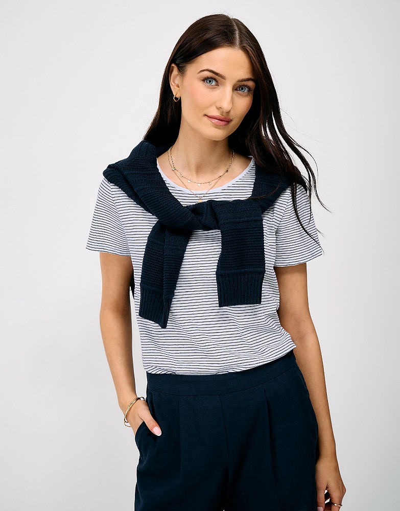 Linen Blend Stripe T-Shirt in White and Navy