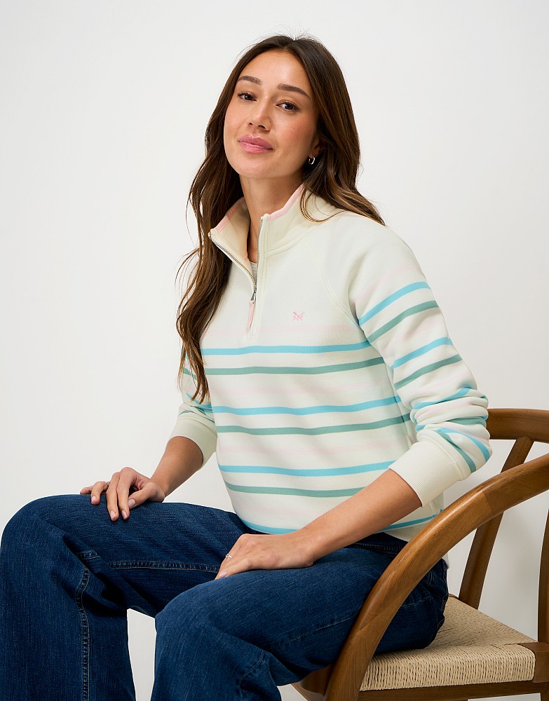 Half Zip Sweatshirt in White and Multi stripes