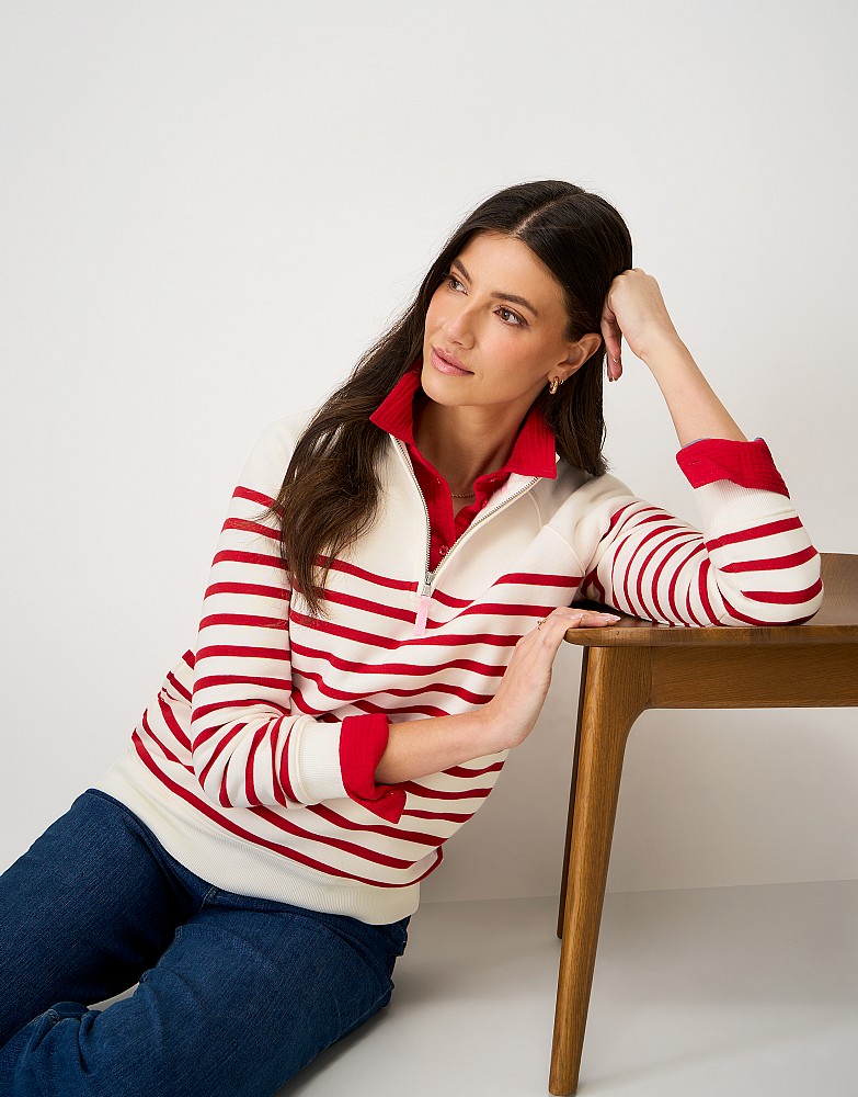 Half Zip Sweatshirt in White & Red Stripes