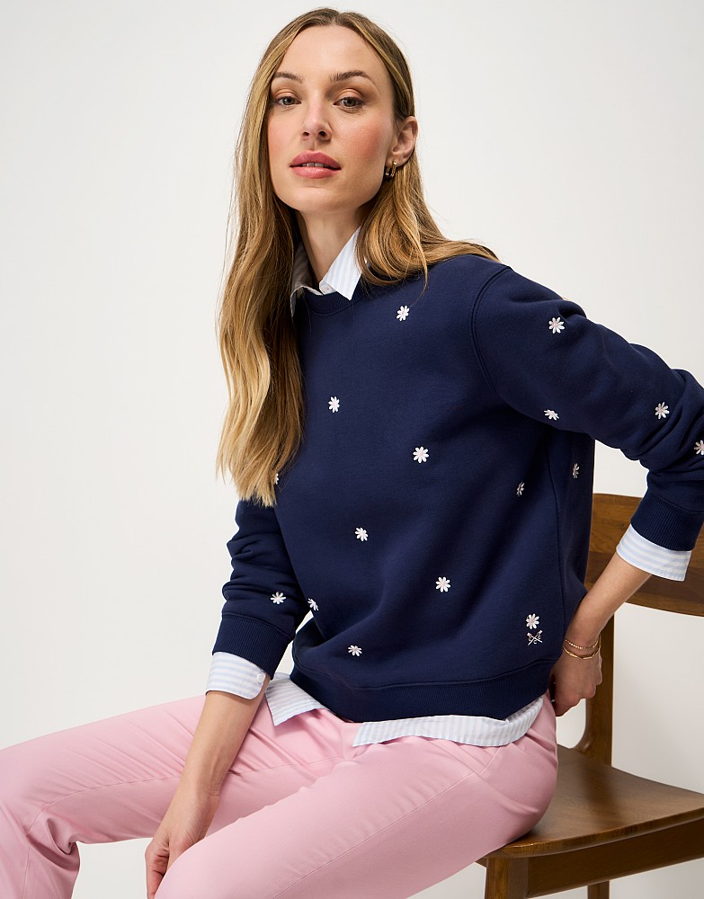 Embroidered Cotton-Mix Crew-Neck Sweatshirt in Navy Blue