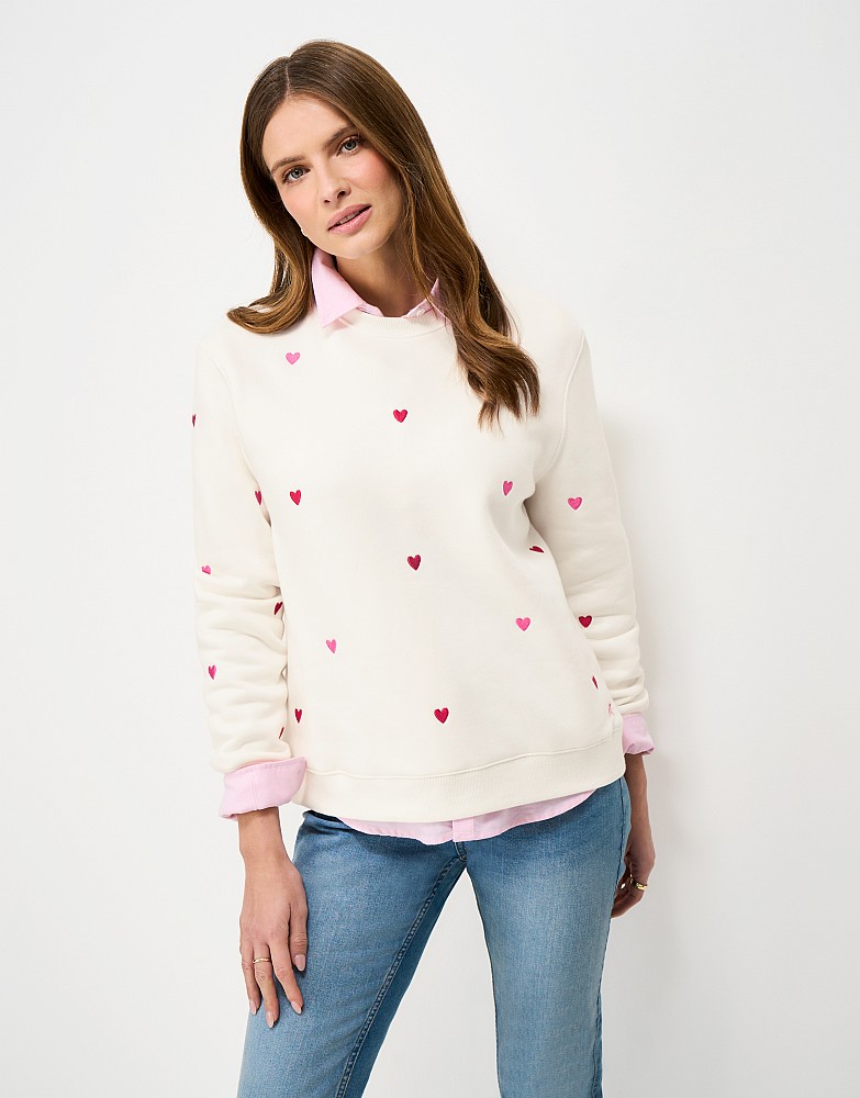 Heart Embroidered Cotton-Mix Crew Sweatshirt in White