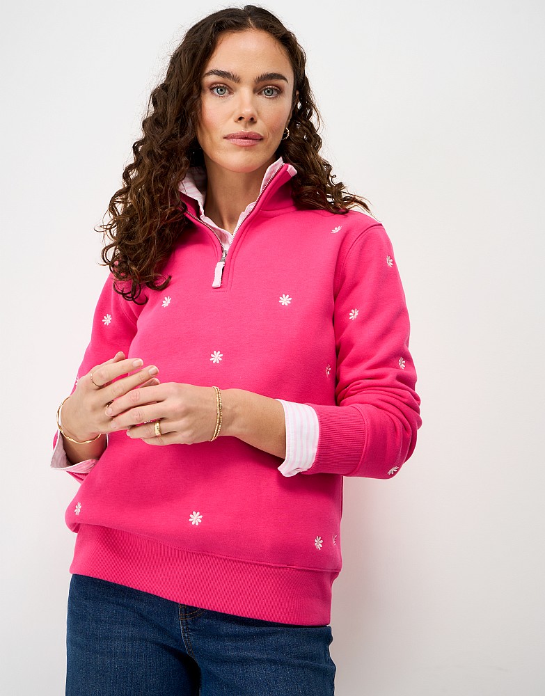 Embroidered Half Zip Sweat in Pink Daisy