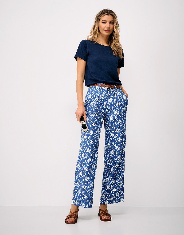 Linen Blend Wide Leg Floral Trousers in Blue and White