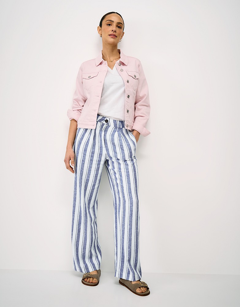 Linen Blend Wide Leg Stripe Trousers in Navy and White