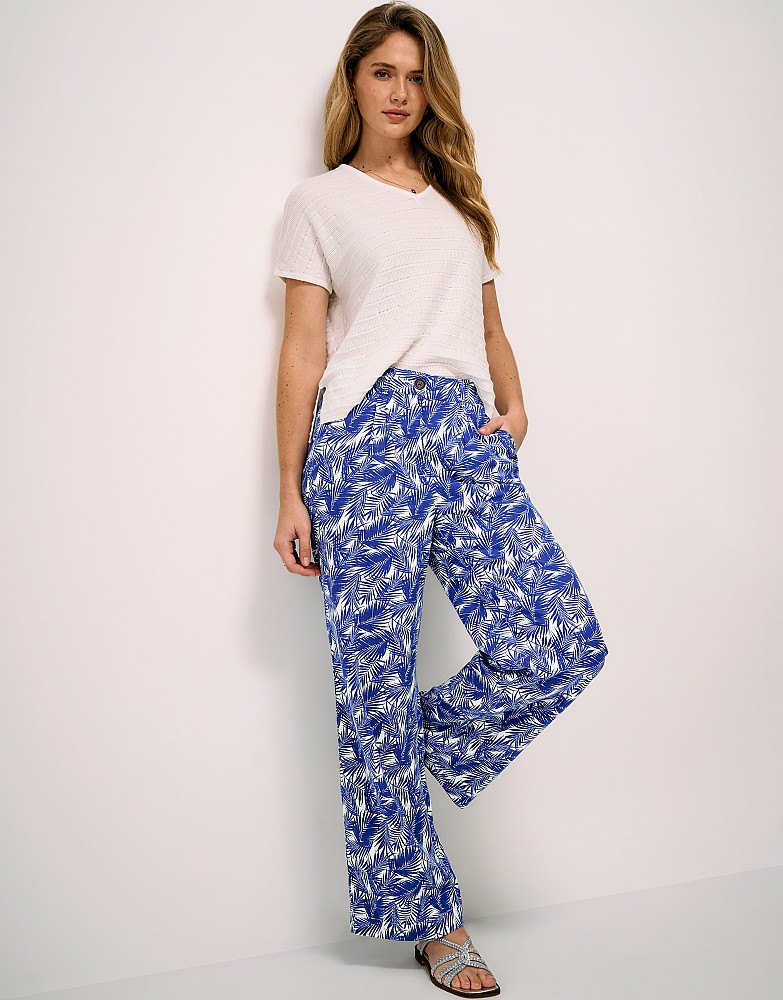 Linen Blend Wide Leg Palm Print Trousers in White & Blue