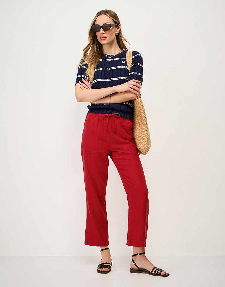 Tapered Leg Linen-Blend Trousers in Red