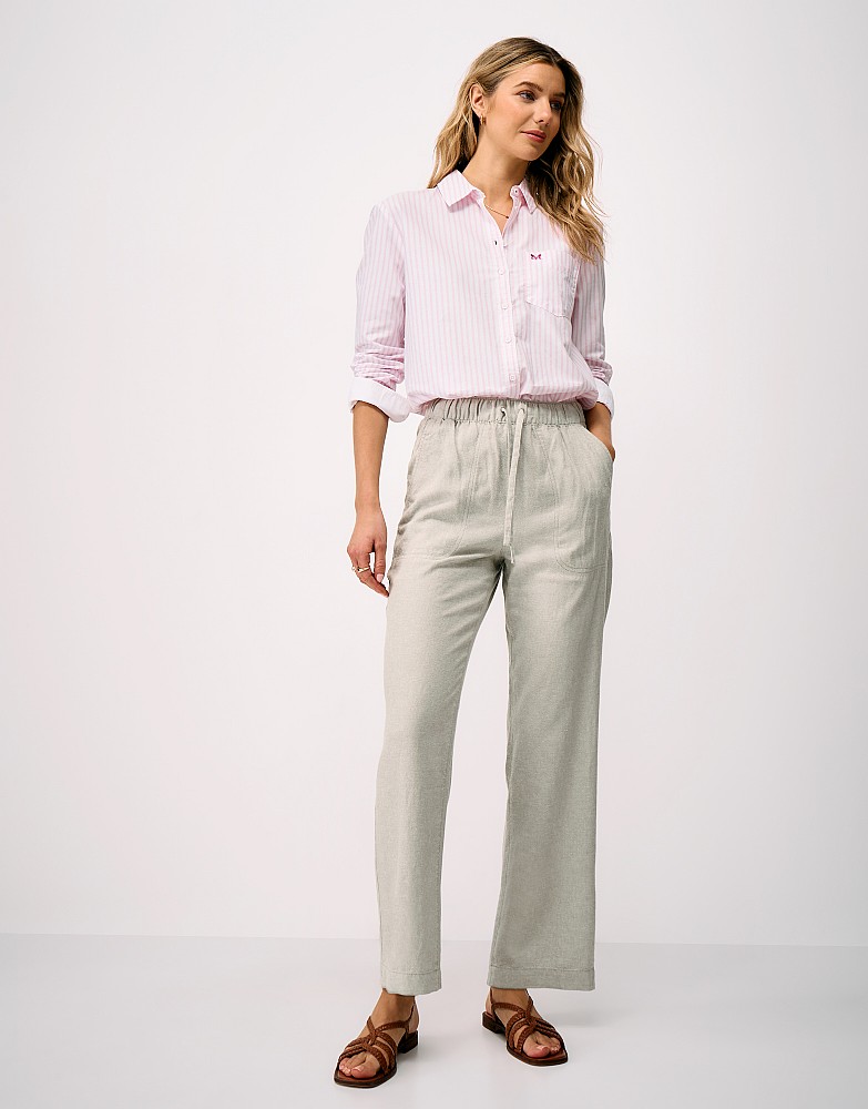 Tapered Leg Linen-Blend Trousers in Green